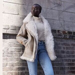 HiSO Rumour Shearling Moto Coat Cement Medium NWT in packaging